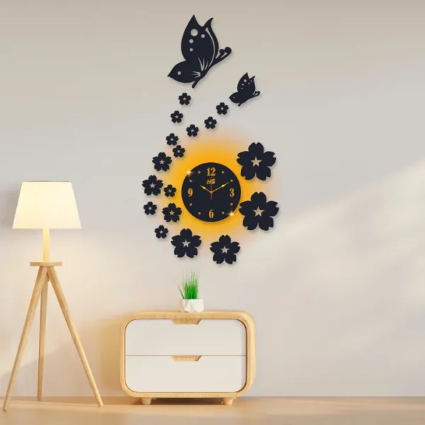 3d wall clock | Wall Clock With Wooden Butterflies With Flowers - Image 3