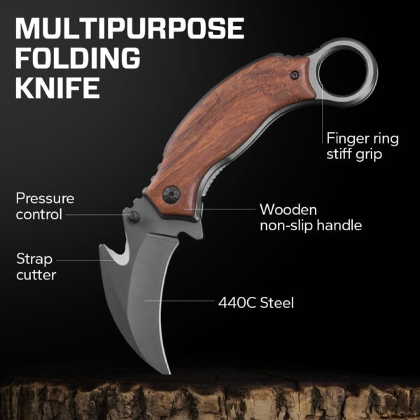 Karambit Knife with Wood Handle - Best Folding Knife w/Curved Sharp Claw Blade - Image 5