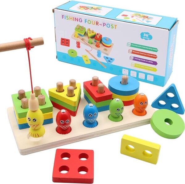 Wooden Fishing Four Post | Geometric Shape Sorter With Magnetic Fishing Game (Random color) - Image 2