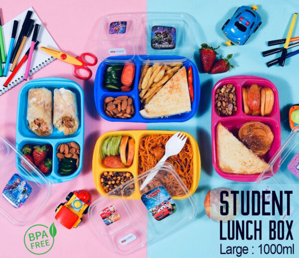 Student Lunch Box (Plastic) - 1000ml - Lunch Box With Three Portions/Compartments (Random Color)