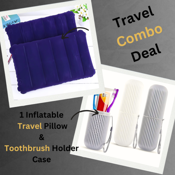 Travel Combo Deal - Travel Portable comfortable Inflatable Air Pillow Cushion & Portable Toothbrush Holder Case ( Random color )