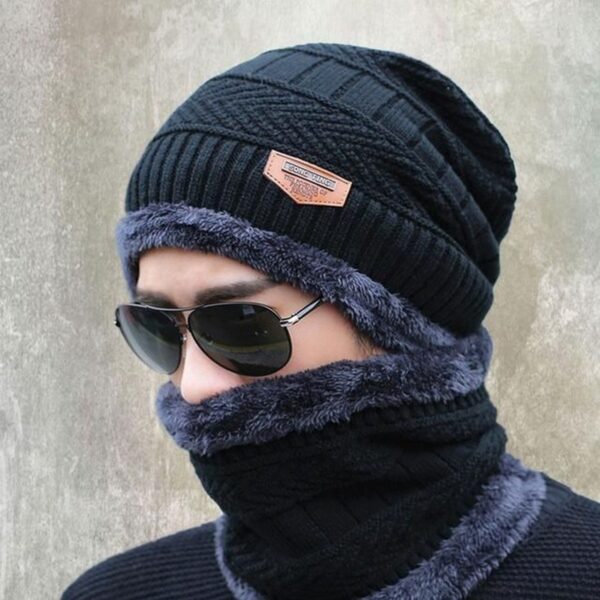 Winter Cap and neck Elastic Knitting Thick Fleece Warm Woolen Beanie Cap Sport Hat & Neck Scarf Set 2 Piece(Random colors)