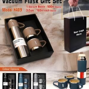 H-409 Vacuum Flask Gift Set with 3 Stainless Steel Cups Combo - 500ml - Keeps HOT/Cold (Random Color)