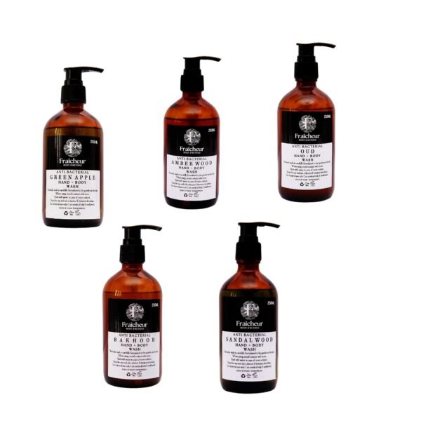 Set Of 5 Hand + Body Wash - 250 ML Bakhoor, Oud, Amberwood, Sandalwood, and Green Apple.