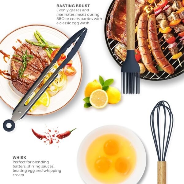 12 Pcs Silicone Cooking Utensils Kitchen Utensil Set | Heat Resistant Kitchen Non toxic Spatula Set with Turner Tongs,Spoon,Brush,Whisk-Wooden Handle(Random color) - Image 7