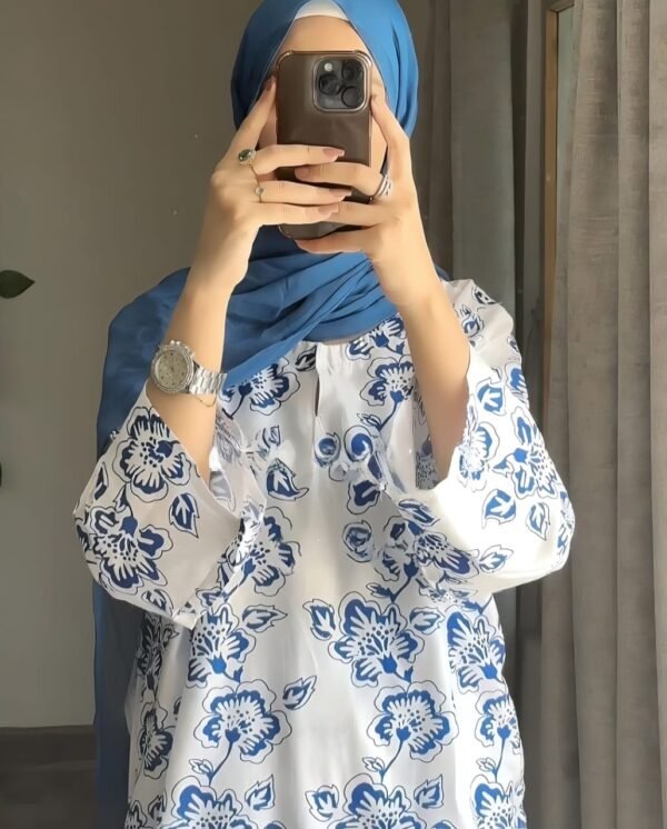 ( blue) RANGOON🌺 print Stitched Suits casual wear for girls (Summer Lilen) - Image 3