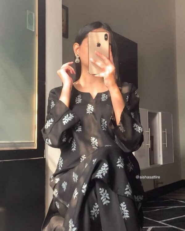 ( black )  Saleha Design Block Print  Stitched Suits casual wear for girls (Summer Lilen) - Image 2