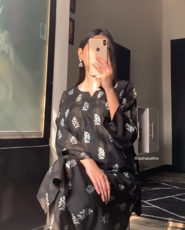 ( black )  Saleha Design Block Print  Stitched Suits casual wear for girls (Summer Lilen) - Image 3