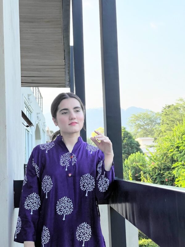 ( purple)  TREE Design Block Print  Stitched Suits casual wear for girls (Summer Lilen) - Image 7