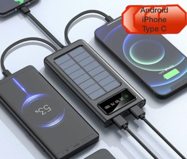 Solar power bank 10000mAh USB and Solar Energy Power Bank with Direct Attached Output Cable for Android Type C and iPhone - Black