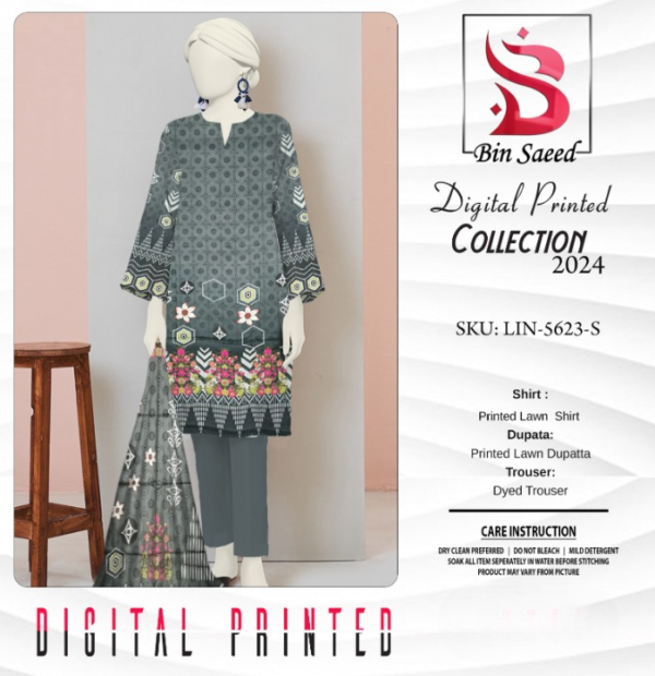 "Bin Saeed  Digital printed collection"  3pcs Lawn | Unstitched Collection Casual Wear