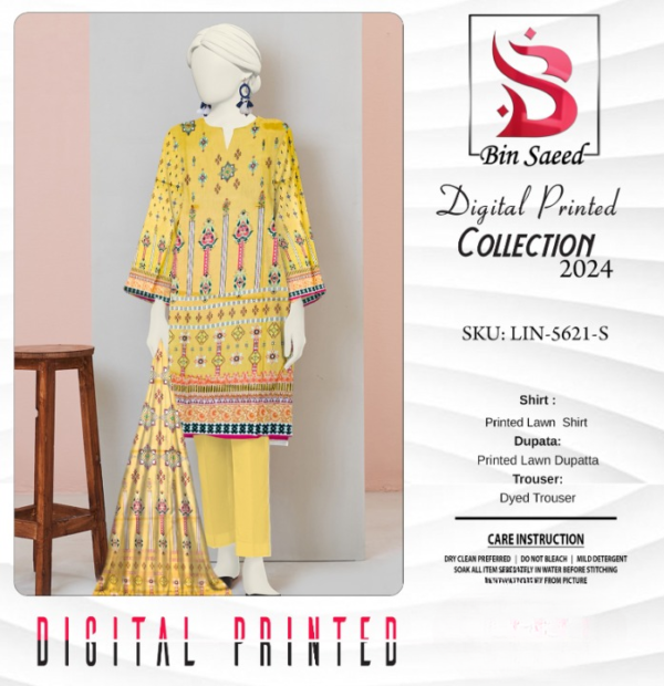 "Bin Saeed  Digital printed collection"  3pcs Lawn | Unstitched Collection Casual Wear