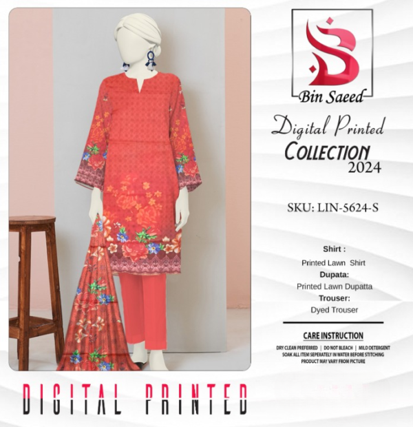 "Bin Saeed  Digital printed collection"  3pcs Lawn | Unstitched Collection Casual Wear