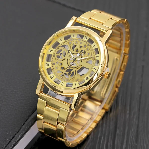 golden New Look Luxury Analog Skeleton Quartz Stainless Steel Watch For Men & Boys (without box )