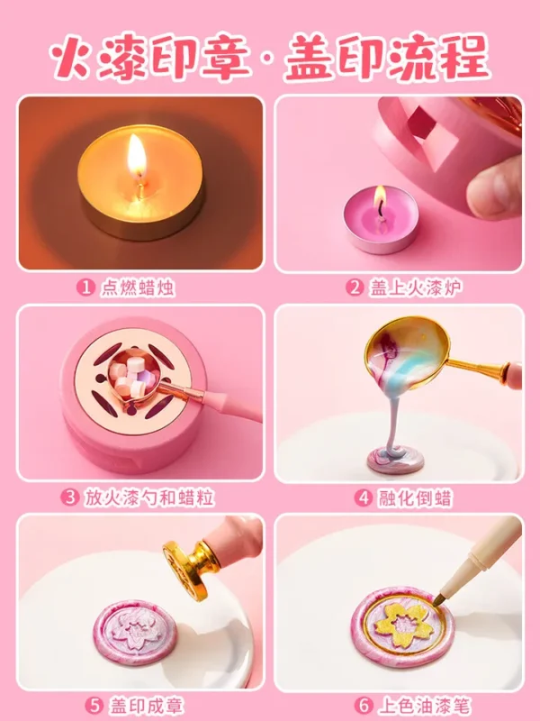 Wax Set With 3 Different Brass Stamps With Holder - Spoon - Candle - Heating Stand (10 colors wax About 520 beans) - Image 4