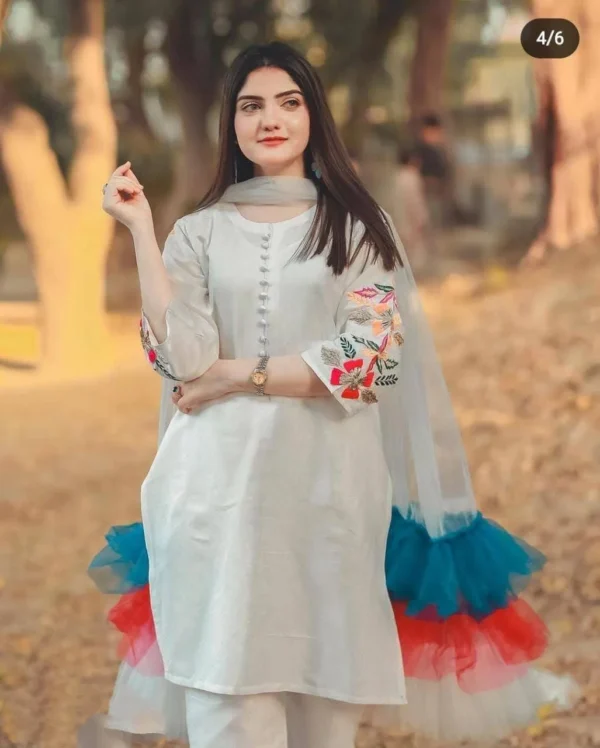 embroidered Sleeves Kurti with Frill Dupatta & Trouser (3 Piece Suit) embroidered Dresses for Women - Image 9