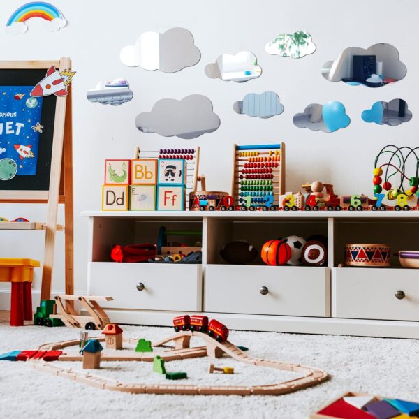 8 Pcs  Acrylic Cloud Shape Mirror Wall Art Decor Cloud Mirror Stickers Decals for Kids Girls Bedroom Bathroom Playroom silver - Image 4