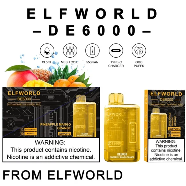 ELFWORLD DE6000 Disposable Vape Pod Device – 6000 Puffs – 13.5ML E-Liquid – 5% Nicotine – Rechargeable 650mAh via USB-C | Disposable Vape For Smokers | Disposable Pod For Smoking ( Random Flavor )(Without Display) - Image 14