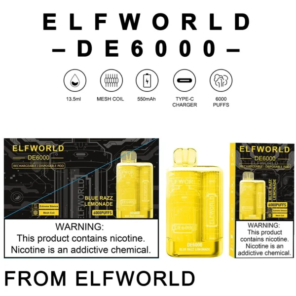 ELFWORLD DE6000 Disposable Vape Pod Device – 6000 Puffs – 13.5ML E-Liquid – 5% Nicotine – Rechargeable 650mAh via USB-C | Disposable Vape For Smokers | Disposable Pod For Smoking ( Random Flavor )(Without Display) - Image 12