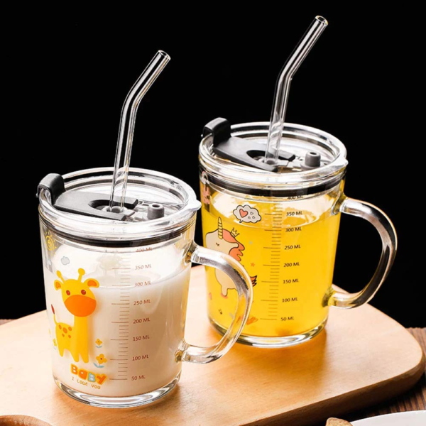 Unicorn Shape 350 ML Glass Mug with Straw and Lid Creative Cartoon Children's Glass Milk Cup Juice Glass Drink Ware Water Bottle 1 pcs (Unicorn Shape )