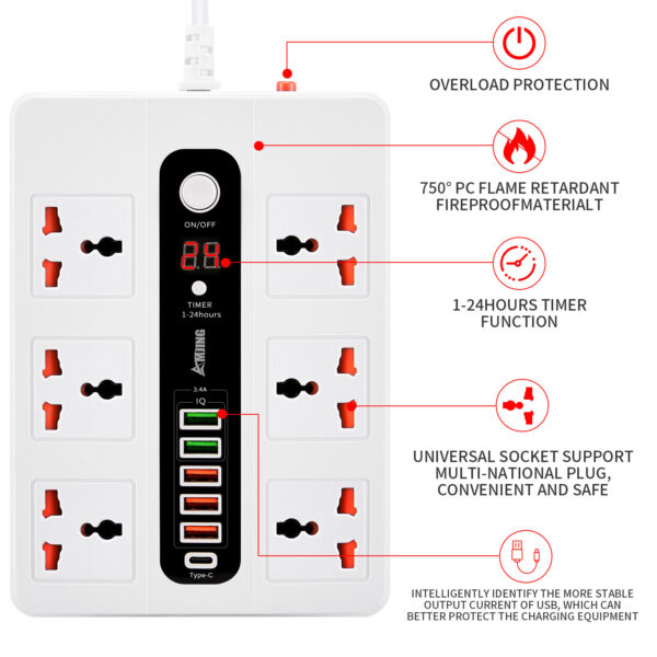 Ultra high speed socket Bkl-11 Sockets 5 Usb 1 Bd 2 Meter 3000 Watts Power Socket (Random color) - Image 4