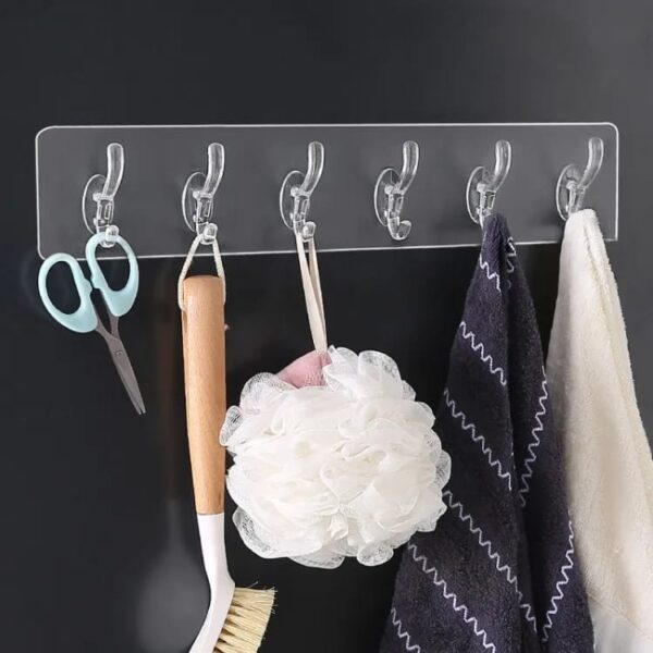 (Pack of 2 ) 6 Row Transparent Wall Hooks Self Adhesive Clothes Coat Door Hanger Towel Key Holder Bathroom Kitchen Storage Sticker Hook