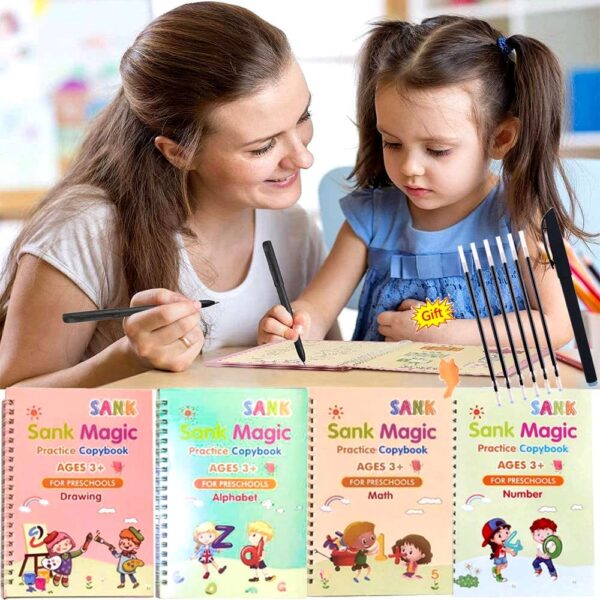 Pack Of 4 Sank Magic Book Practice | Tracing Handwriting First Pre-School Baby Learning Books For Kids (4 books + 1 Magic Pen With 10 Ink Refills) - Image 7