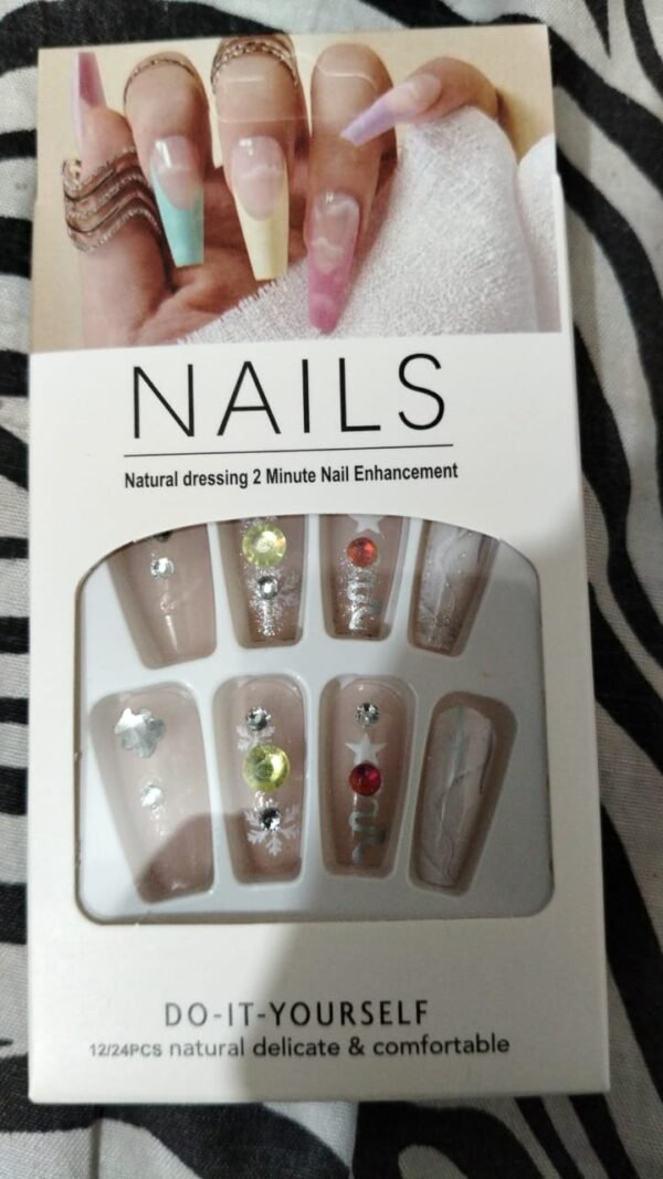 10 PCs Fake Nails False Nails Wearable Nails Stylish Pattern Artificial Nails | Fake Nails For Girls | Artificial Nails For Women with Sticking Dots ( Random Design ) - Image 2