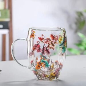 1 Piece Double Wall Glass with Handle - Heat Resistant Coffee, Tea & Drink Mug (Random Colors & Random Design)