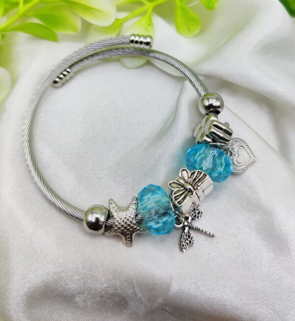 Imported Elegant Pandora-Inspired Silver Charm Bracelet with Ocean Blue Beads & Delicate Charms| Best Quality Bracelet For Girls & Women