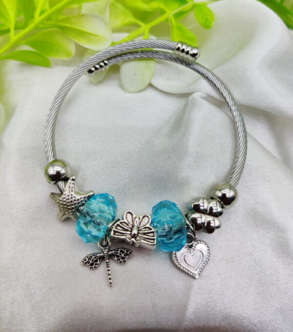 Imported Elegant Pandora-Inspired Silver Charm Bracelet with Ocean Blue Beads & Delicate Charms| Best Quality Bracelet For Girls & Women - Image 3