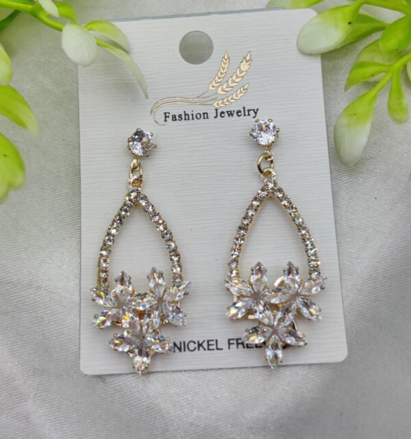 Imported Elegant Crystal Floral Drop Earrings – Nickel Free Earrings - Luxurious Gold Finish | Best Quality Artificial Earrings For Girls & Women - Image 3