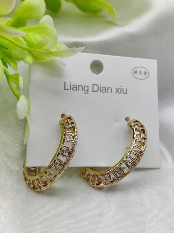 Imported Elegant Geometric Pattern Hoop Earrings - Luxurious Gold Finish | Best Quality Artificial Earrings For Girls & Women - Image 2