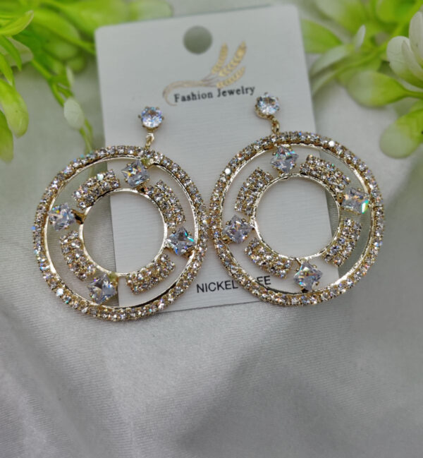 Imported Radiant Crystal Circle Drop Earrings – Elegant Statement Jewelry - Luxurious Gold Finish | Best Quality Artificial Earrings For Girls & Women - Image 3