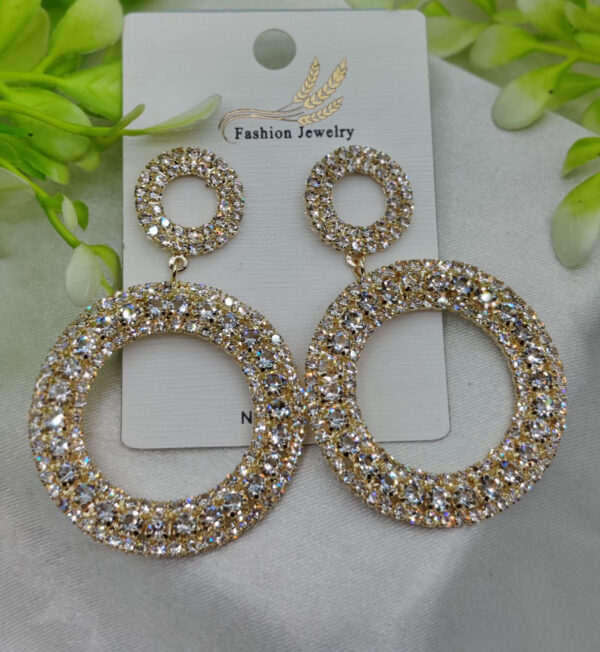 Imported Radiant Double-Hoop Crystal Earrings – Glamorous Statement Jewelry - Luxurious Gold Finish | Best Quality Artificial Earrings For Girls & Women - Image 3