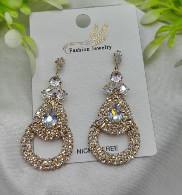 Imported Glamorous Crystal-Studded Teardrop Earrings – Nickel Free Earrings - Luxurious Gold Finish | Best Quality Artificial Earrings For Girls & Women - Image 3