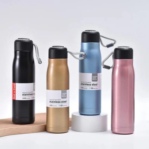 Stainless Steel Insulated Vacuum Water Bottle 550ml, Cola Shape, Leak Proof, with Strong Rope Cap | Hot & Cold Portable Thermos Water Bottle Thermo Mug Stainless Steel Vacuum Flask Mug Insulation Cup (Random Color)