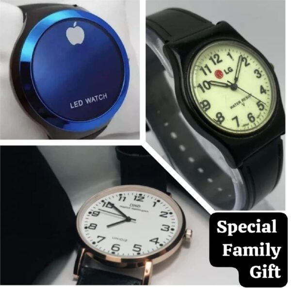 Family Gift Pack of 3 Watches | Best Quality Watches | Daniel Wellington Watch + LG Quartz Watch + Apple Logo Digital Watch | Watches ( Without Box ) (Random Color)