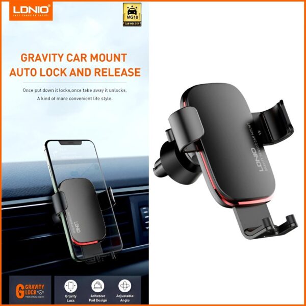 LDNIO MG10 Universal 360° Gravity Car Mount – Auto Lock & Release Phone Holder with Non-Slip Clamp